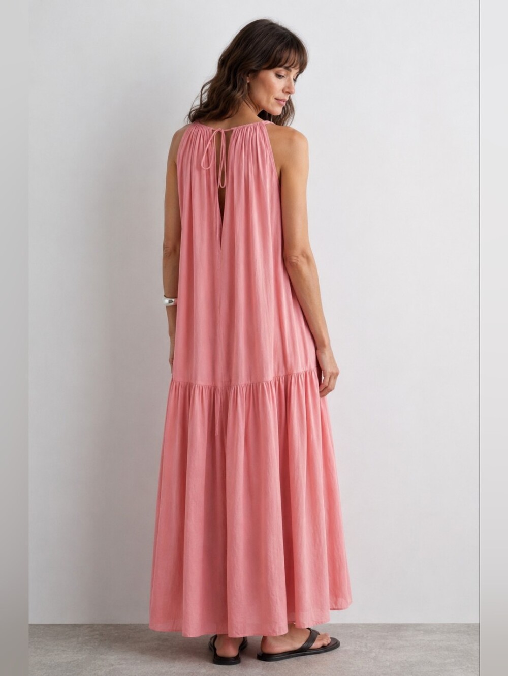 New Pink Gatherd Halterneck Tiered Long Maxi Dress Size 8 Costal Sleeveless Boho - Picture 3 of 10
